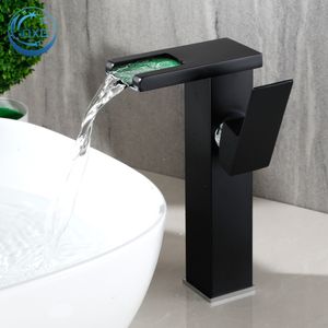 Bathroom Sink Faucets OXG Short/High Brass Waterfall LED Bathroom Basin Faucet Cold Mixer Crane Sink Tap Black Color Change Powered by Water Flow 230311