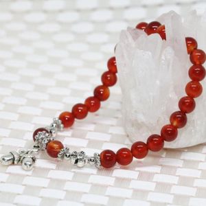 Strand Tibet Silver-färg Accessory Natural Red Agat Onyx Carnelian Stone 6mm runda pärlor Elastiska armband Kvinnor smycken 7.5-tums B1919