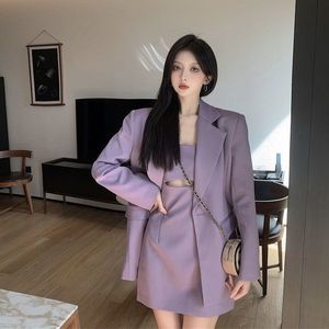 Women's Suits Blazers Women's Autumn Fashion Purple Blazer Sling Skirt Two Piece Suit Casual Professional Wear Korean Elegant Suit Dress Set 230311