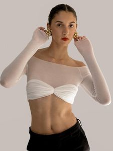 Camiseta Feminina Mozision See Through Mesh Crop Top Feminino Slim Strapless Short Knit Cropped Tops Senhoras Bustier Sexy T-shirt ombro a ombro Verão 230311