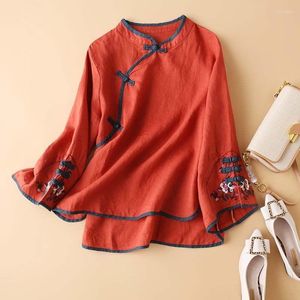 Women's Blouses 2023 Chinese Style Embroidery Blouse For Women Summer O-neck Short Sleeve Cotton And Linen Traditional Tang Suit Top