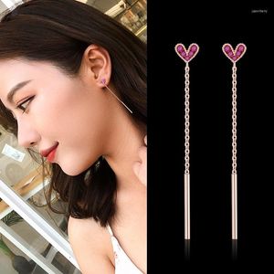 Dangle Earrings Vintage Long Tassel Crystal Earring Gold Color Chain Pink Rhinestone Heart Drop Ear Line For Women Trend Jewelry