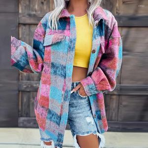 Women's Jackets Fashion Single Breasted Short Wool Coats Elegant Lapel Long Sleeve Flip Cover Shirt Jacket Autumn Women Color Block Print