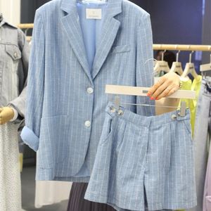 Ternos femininos Blazers primavera verão verão coreano listrado fino linho de linho jaquetas femininas roupas shortsblazer de duas peças