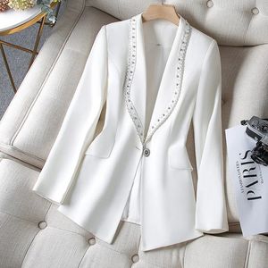 Women's Suits Blazers Spring Autumn Women Blazers Beaded Suit Collar Long Sleeve Coat Korean Slim Large Size Lady Office Blazer Outerwear Tops 5XL 230311