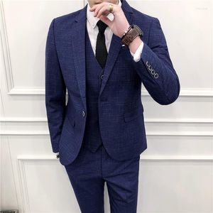 Men's Suits Spring Autumn Smart Casual Mens Three Coats Pants Vest Business Grooms Gowns Black Grey Blue Blazer Men's Clothing Suit