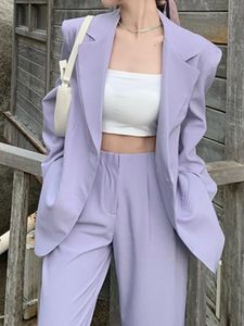 Kvinnors kostymer blazers Autumn Women Purple Blazer Pantsuit Korean Fashion Vintage Loose Jacket Pants 2 Piece Set Female Business Casual Byxor Outfit 230311