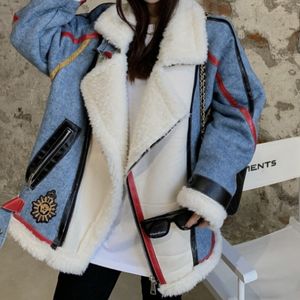 Women's Jacket's Winter Lamb Fur Coat Motorcykel En koreansk plysch förtjockad design Löst denim skarvningsjacka cool stil 230310