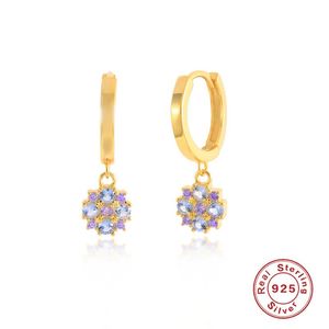 Orecchini a cerchio Huggie ROXI Fiori di diamanti viola per le donne Orecchini pendenti in argento sterling 925 Gioielli Pendientes Plata Brincos di lusso