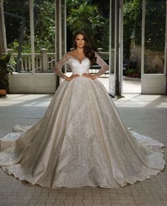 Luxury Ball Gown Wedding Dresses V Neck Long Sleeves 3D Lace Sequins Appliques Beaded Floor Length Beaded Shiny Ruffles Zipper Formal Dresses Bridal Gowns Plus Size