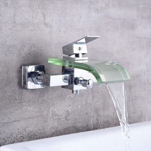 Bathroom Sink Faucets LANGYO Modern Glass And Brass Faucet Waterfall Bathtub Basin Tap Wall Mounted LH-8008