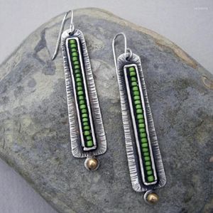 Dangle Earrings Super Long Green Beads Stone Earring Exaggerated Jewelry Antique Silver Color Carved Metal Large 2023