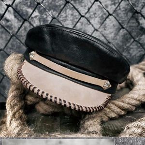 Baskenmütze aus echtem Leder, Fischermütze, Rindsleder, Motorrad, Militär, Kapitän, Matrosenhut, Unisex-Baskenmütze