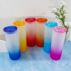 Colorful lids 25oz Sublimation tumbler Glass Can Gradient Color Creative Sequins shape Bottle with Lid and Straw Summer straight Drinkware Juice Cup RRA