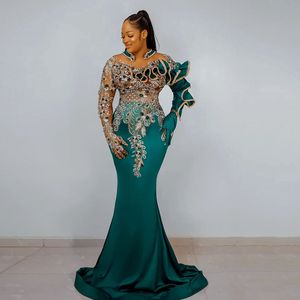 Party Dresses Luxury Elegant Lace Appliques Sheer Mesh Africa Evening Dres Teal Satin Long Mermaid Prom -klänningar med avtagbart tåg 230310