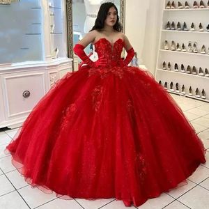 Quinceanera sukienki Eleganckie czerwone ukochane koronkowe aplikacje balowe z tiulem plus size słodkie 16 debiutanta urodziny vestidos de 15 anos 35