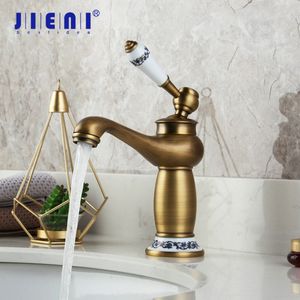 Bathroom Sink Faucets JIENI RU Antique Brass Faucet Stream Spout Tap Bathroom Basin Sink Faucet Solid Brass Cold Water Mixer Vanity Sink Tap 230311