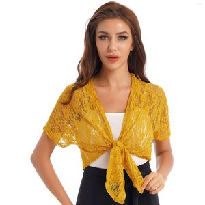 Kvinnors T-skjortor 2023 Kvinnor Fashion Hollow Out Lace Cardigan Bolero Jacket Kort ärm Lace-Up Crop Top Thin Solid Color Cover Ups Summer