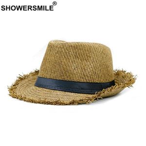 Showersmile varumärke Khaki Straw Hat Men Panama Caps Summer Style Sun Hat Beach Holiday Classic Male Hats and Caps Mens Trilby Hats T310C