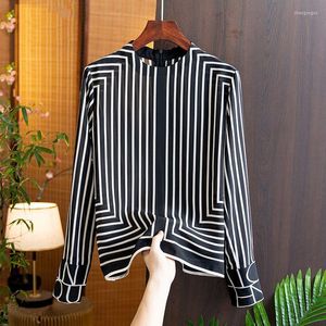 Women's Blouses Silk Stripe Women's Summer 2023 Geometric Print Long Lantern Sleeves Fashion Shirts Loose Korean O-Neck Casual Top