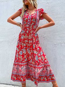 Casual Dresses Boho Floral Printed Long Dress Women Summer Short Sleeve V Neck Slitklänningar Beach Sundress Vintage Elegant Casual Dress Vestido G230311