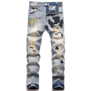 Jeansy tył amris męskie jeansy męskie skinny jeansy ze średnim stanem European Biker Slim Fit Motocyklowe paski Modne markowe jeansy jeansy męskie męskie spodnie Jeans