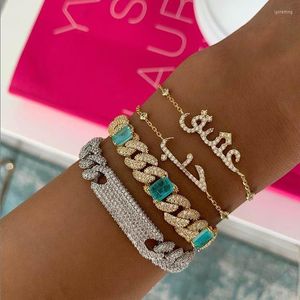 Braccialetti con ciondoli 9mm Iced Out Bling 2 Row CZ Bracciale Colore argento Catena cubana Big Bule Stone Per le donne Gioielli Hip Hop Rock