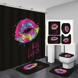 Anpassad 3D -läppduschdraperi Set 4st Red Lips Tryckt Designers Badrumsuppsättning Toalettbeläggning Matt i lager för kvinnor201y