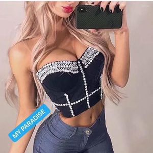 Women's Tanks Cupnaya Crystal Rivets Women Spaghatti Strap Crop Top Sexy Sleeveless Bustier Summer Gauze Tube Vest Cami Stretch Corset