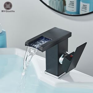 Bathroom Sink Faucets Black LED Waterfall Basin Bathroom Faucet Deck Mounted Cold Water Mixer Taps Three Color Change By Water Flow 230311