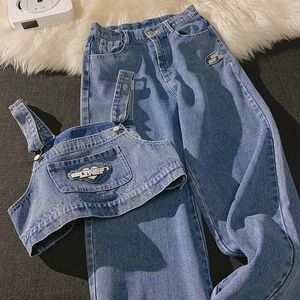 Women's Two Piece Pant Summer Denim 2 Set Strapless Sling Design Sleeveless Short Tops and Loose Wide Leg Jeans Streetwear Suits 230310