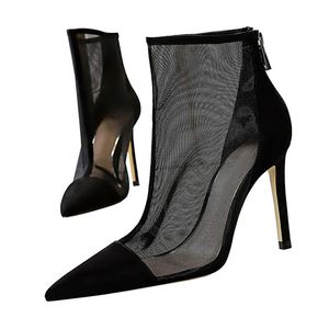 Stövlar Spring Autumn Sexy Mesh Ankle Boots Women's Pointed Toe Stiletto Heels Fashion Zip Ladies Party Shoes Storlek 34-40 Kvinnlig sko 230311