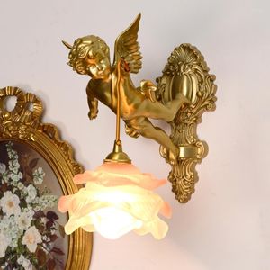 Wall Lamp French Luxury All Copper Living Room Background Crystal Angel American Retro Study Bedroom