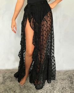 Kvinnors badkläder 2021 Ny Hot Summer Women's Mesh Sheer Polka Dot Long Split kjolar Sexig strand Solskyddsmedel Bikini Cover Up Wrap kjol Y2303