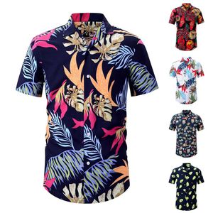Mäns casual skjortor skjorta stor us size Hawaii blommor etnisk stil utskrift kort ärm lösa knappar blus toppar camisa hombre