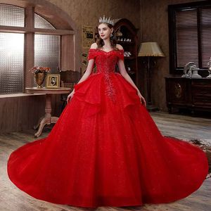 Long Sparkly Crystal Lace Ball Gown Luxury with Tulle Cathedral Train Bridal Gowns Custom Made Luxury arabic dubai red Vestidos De Novia Robe Mariee