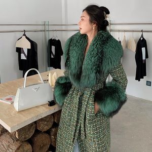 여자 모피 가짜 빈티지 여성 긴 소매 X-LONG 녹색 칼라 정품 양고기 모직 코트 겉옷