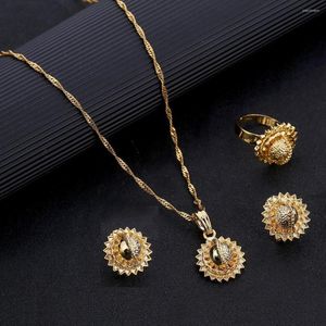 Necklace Earrings Set Traditional African Ethiopian Gold Color Pendant Ring Bridal Women Party Wedding Gift