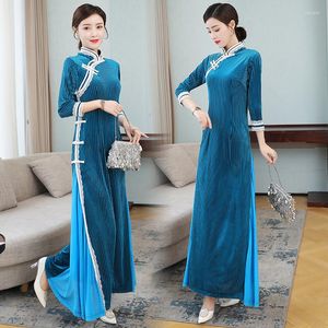 エスニック服ヴィンテージ中国のQipao Cheongsam Dress for Women 2023 Modified Stand Collar Slim Long Dresses Elegant Hanfu Party