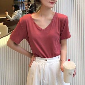 Women's T Shirts Summer Korean High Quality Solid Color Pure Cotton T-shirts Female Vintage Casual Tops Short Sleeve V-neck Slim Tee