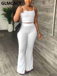 Women's Two Piece Pant Summer Casual Suits Spaghetti Strap Crop Top Loose Flare Pants Set 230310