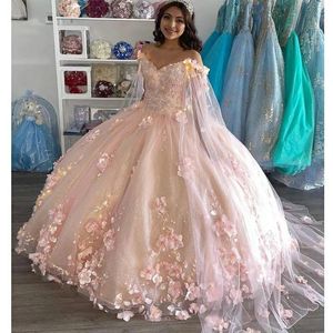 Quinceaneraドレス肩からエレガントな恋人3D花ビーズクリスタルボールガウン