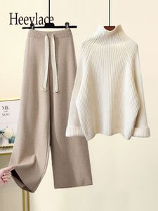 Dwuczęściowe spodnie dla kobiet jesienne zimowe ciepłe dzianinowe garnitur Kobiet Kobiety z długim rękawem Półtle -golfowy Sweter dzianie i szerokie nogi Zestaw Zewnętrzny zestaw 230310