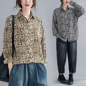 Bloups feminina Moda 2023 Spring Elegante Ladies Leopard camisa de manga longa de lapela de lapela Tops Tops e Blusas Mujer M-2xl