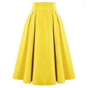 Skirts Pleated Skirt Solid Color Buttons Decoration High Waist Summer Knee-length Preppy Style Midi Pink Red Saia Jupe SS0037