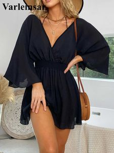 Kadın Mayo Yeni Seksi V Boyun Uzun Kollu Arka Çıkmaz Şifon Tunik Plajı Örtü Örtüler Elbise Giyim V3840 Y230311