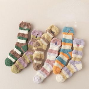 Women Socks Multicolor Striped Woman Sock Coral Fleece For Kawaii Fashion Warm Comfortable Sox Cotton Autumn Winter Stockings