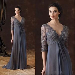 Plus Size Mother Of The Bride Dresses High Waist Appliques Lace Sheer Sleeves A Line Chiffon Long Prom Evening Wedding Guest Gown