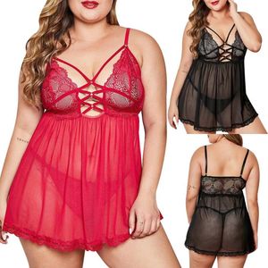 Kvinnors sömnkläder spetsar fasta kvinnor pyjama set plus size Sexig sömnskjortor underkläder se genom nattklänningar sovklänning