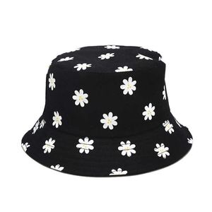 Cappelli a tesa larga 2020 Summer Panama Flower Print Bucket Hat Reversible Blk White Fishing Cap Beh Protezione UV Cappello da sole Donna Fisherman Hat P230311